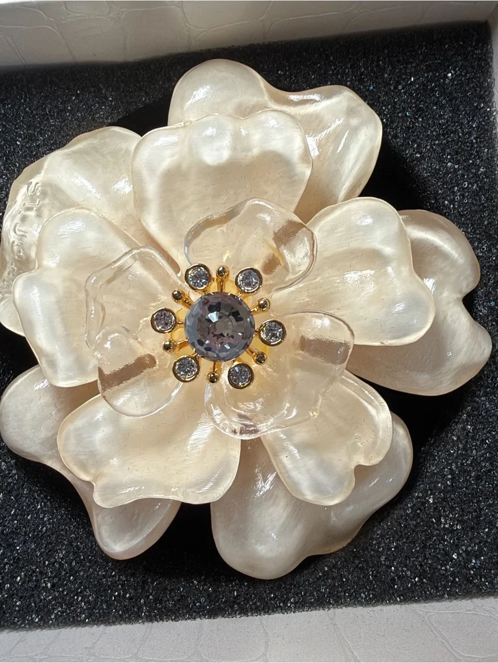 Vintage St. John Couture Lucite Swarovski Crystal Camellia Flower Brooch Pin NIB